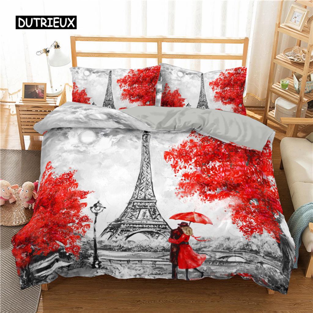France Eiffel Tower Duvet Cover Romantic Couple Comforter Cover Microfiber France Paris Cityscape Bedding Set For Adults Decor