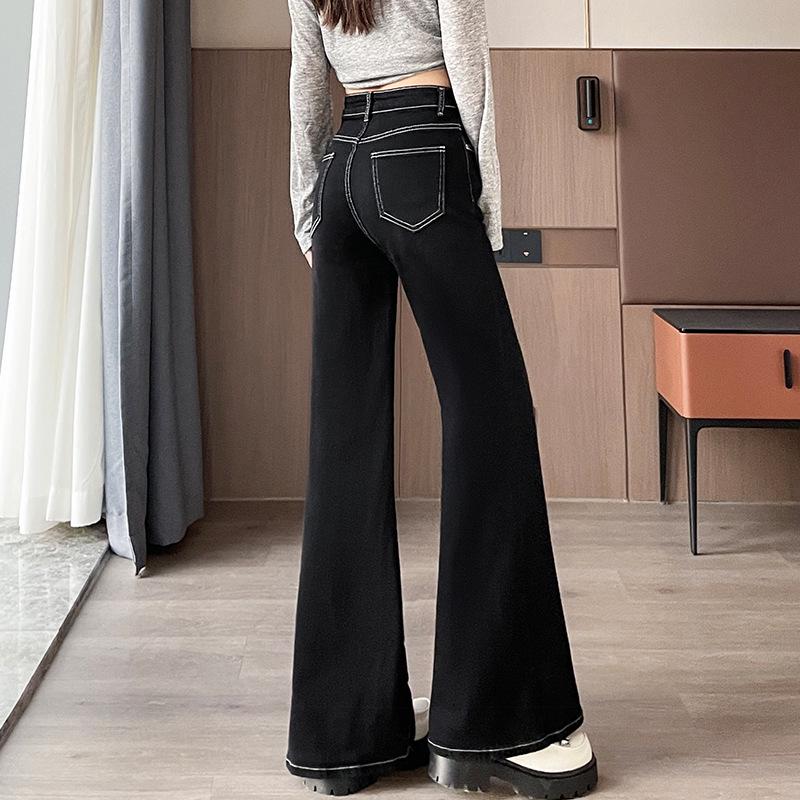 

Женские черные джинсы с высокой посадкой, микро-клеш, широкие штанины, стройнящие и универсальные, длиной в пол для весны и осени 2025 XS (74-80 jin)