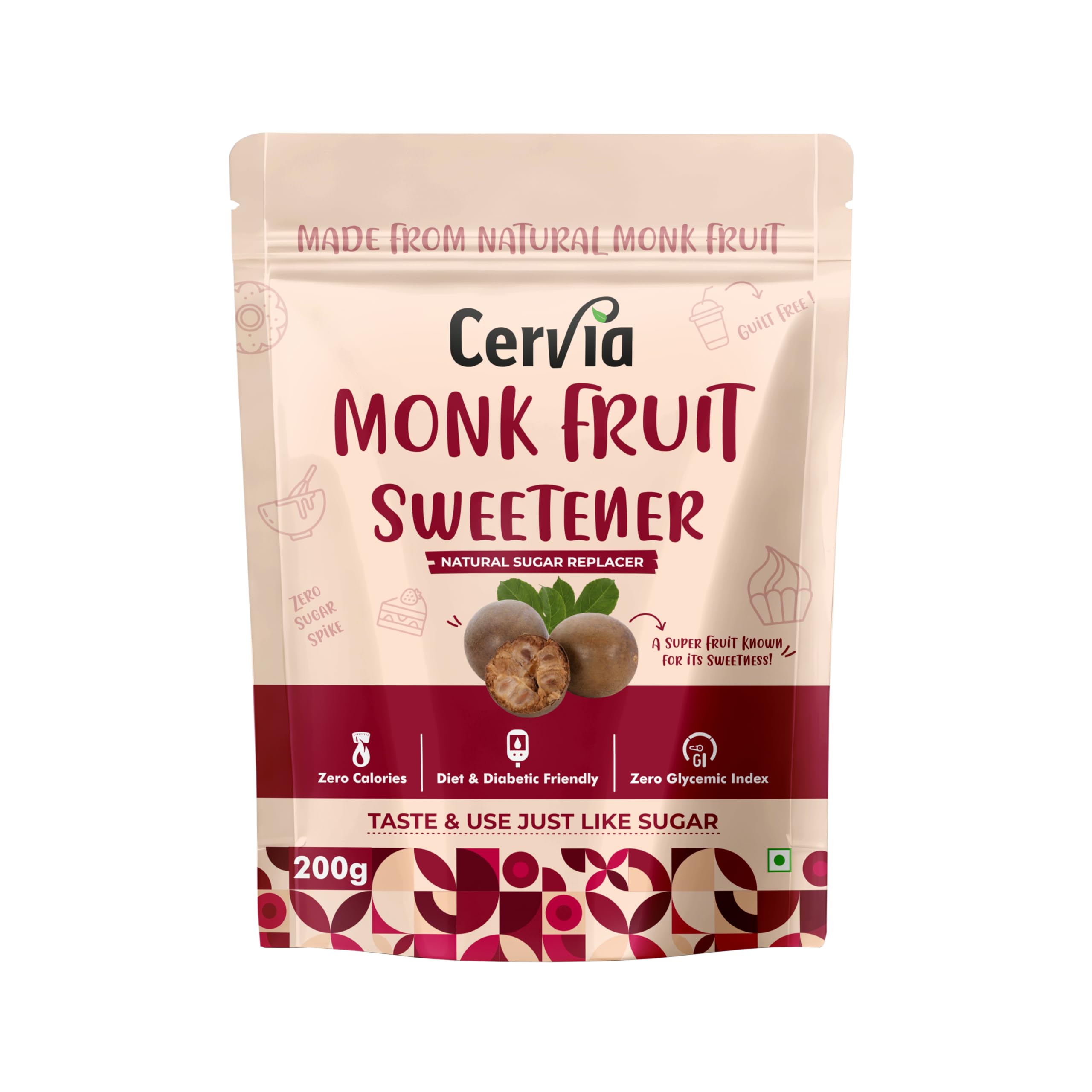 Cervia Monk Fruit Natural Sweetener 200g | 100% Natural Sugar Replacement | Zero Calories | Zero Glycemic Index | No Blood Sugar Spike | Diabetic &