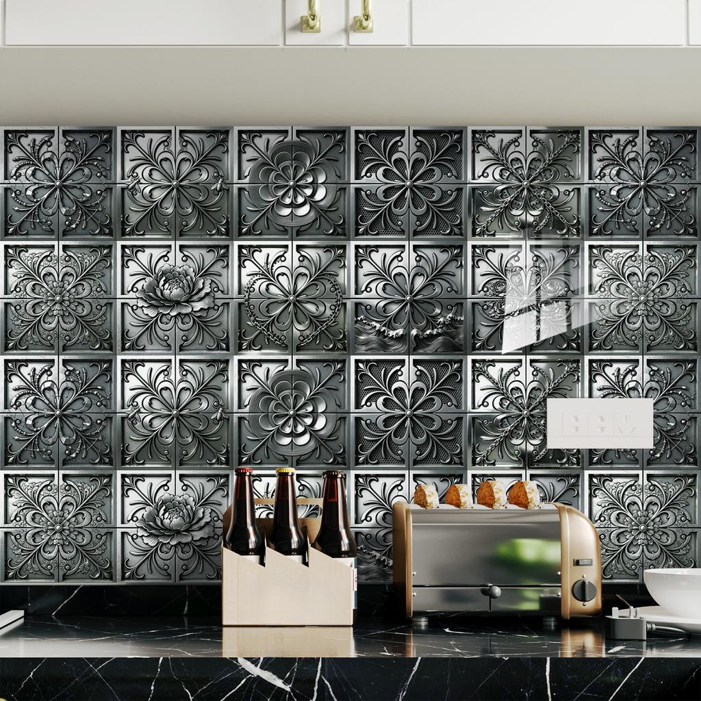 10Pcs 3D Metal Embossed Tile Stickers, Vintage Silver Floral PVC Wall Decals, Waterproof Self-Adhesive Crystal Film Decor for Kitchen Bathroom Floor