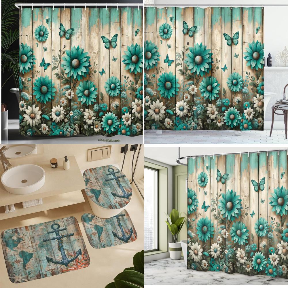 Country-Style Shower Curtain With Vibrant Daisy And Butterfly Floral Pattern, Durable Fabric For Bathroom Decor