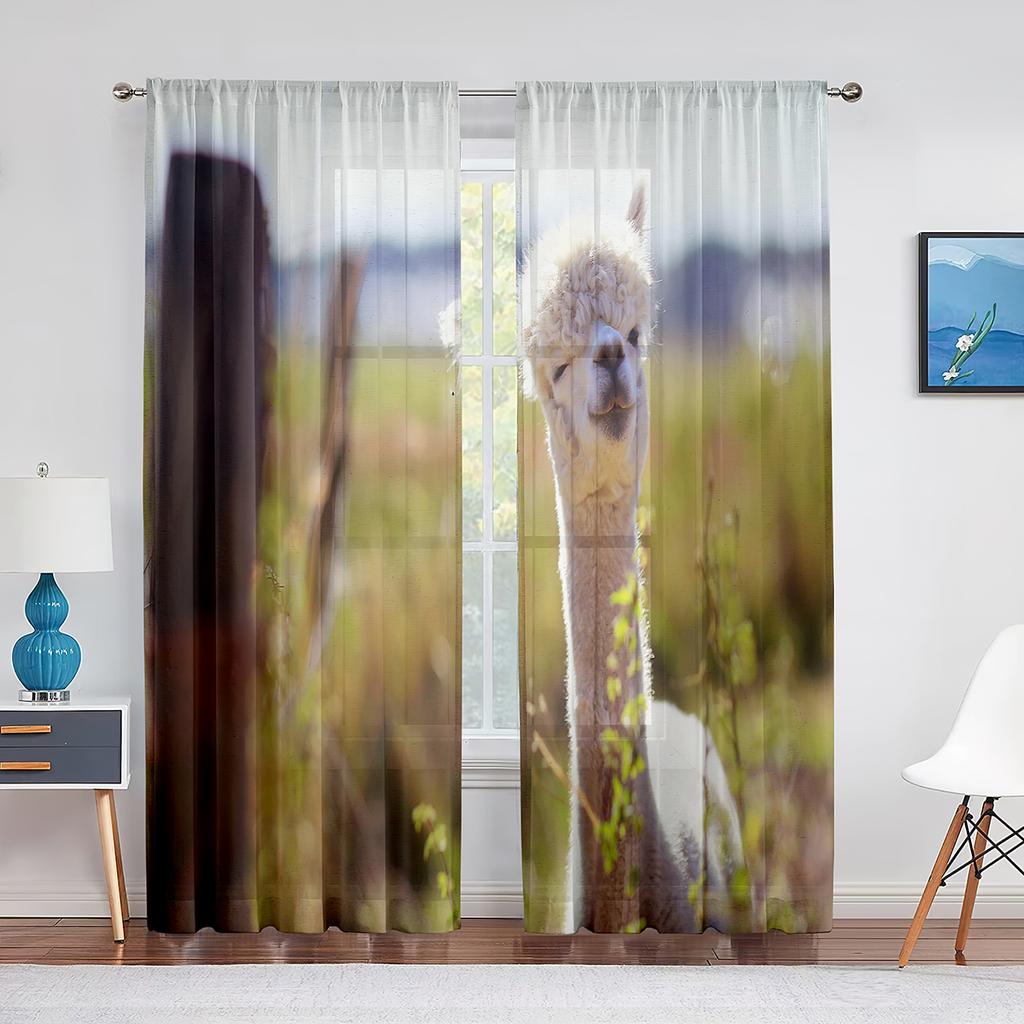 Cute Llama Alpaca Funny Animal Sheer Curtain for Living Room Voile Window Blinds Bedroom Tulle Drape Kitchen Curtains Decoration