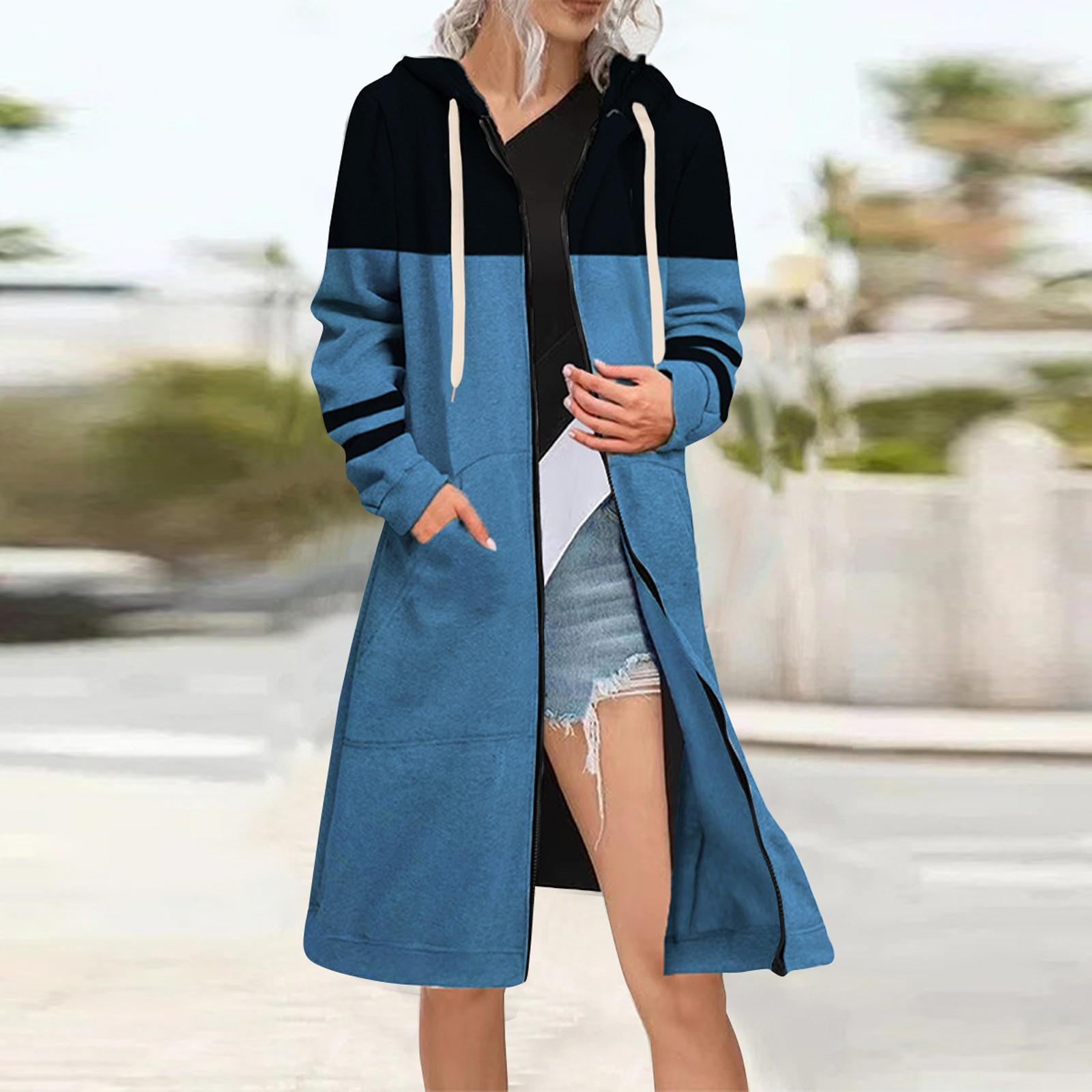 

Женская мода цвет блокинг свободная куртка на молнии кардиган утепленная толстовка XL синий