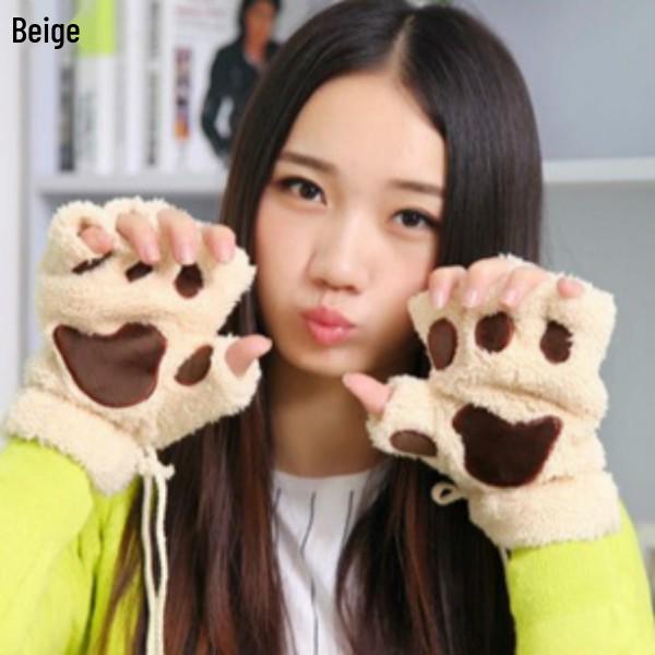 Korean Style Women's Half-Finger Plush Gloves with Embroidered Bear and Cat Paw Design