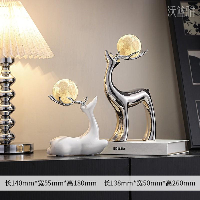 Modern Minimalist Ceramic Deer Figurine Set Living Room TV Cabinet Decor With Crystal Ball Or LED Light Option