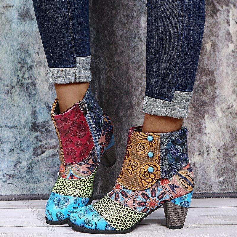 Fashion Women's Boots Large Size Fashion Ethnic Style Casual Fashion Retro Side Zip Color Blocking High-heeled Short Leather Botines