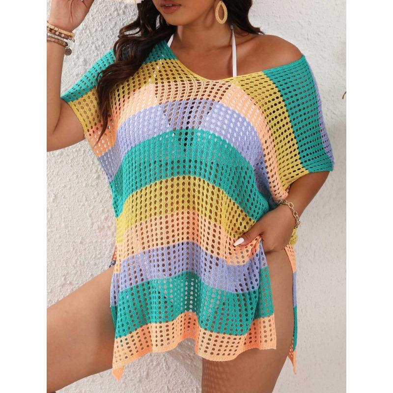Plus Size Women's Holiday Smock Color Splicing Mixed Color Stripes Hollow Woven Dress
