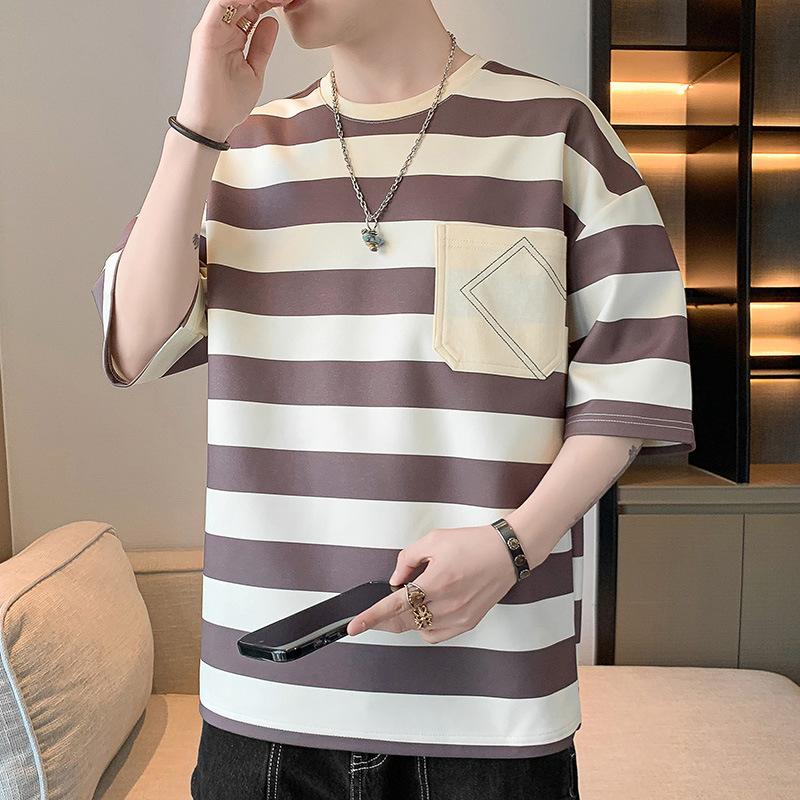 Summer Men's Loose Fit Short Sleeved T-shirt Striped Top Round Neck Half Sleeved T-shirt
