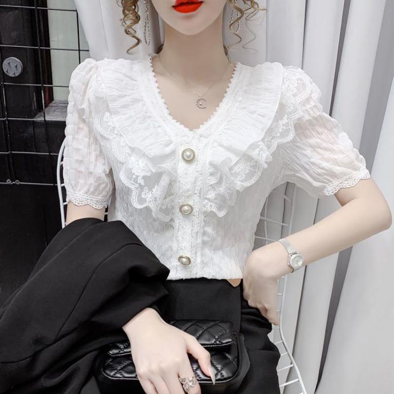 Female Summer Solid Colour Casual Short-sleeved T-shirt Fashion Lace Ruffle Top Temperament Sweet Chiffon V-neck Shirt