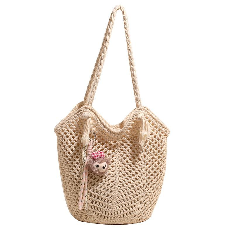 Hand-woven cotton thread crochet hollowed tassel shoulder strap casual vacation single shoulder women's tote bag