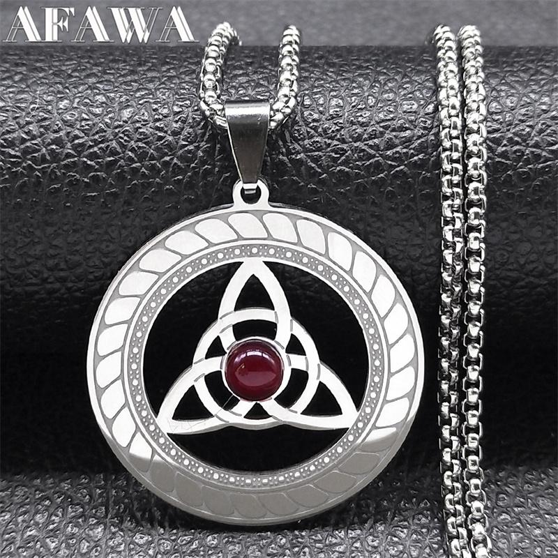 Celtic Trinity Knot Triquetra Necklace for Women Men Silver Color Stainless Steel Stone Witch Necklaces Jewelry Collar N8064S02