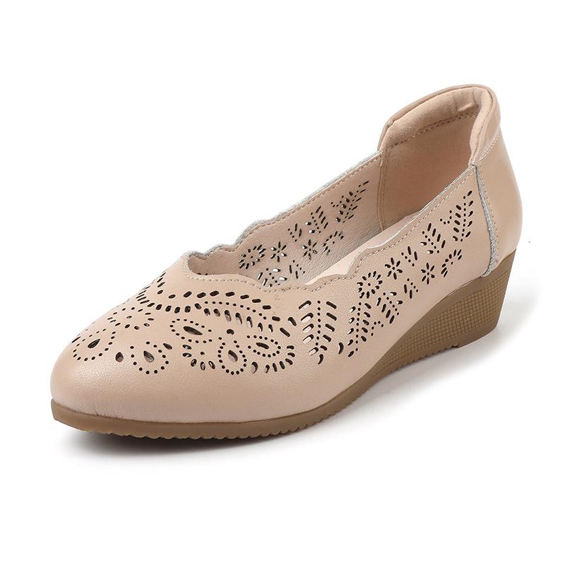 Fashion GKTINOO Genuine Leather Ladies Breathable Hollow Summer Shoes Women Flats Slip-On Sandals Round Toe Soft Wedges Shoes Casual