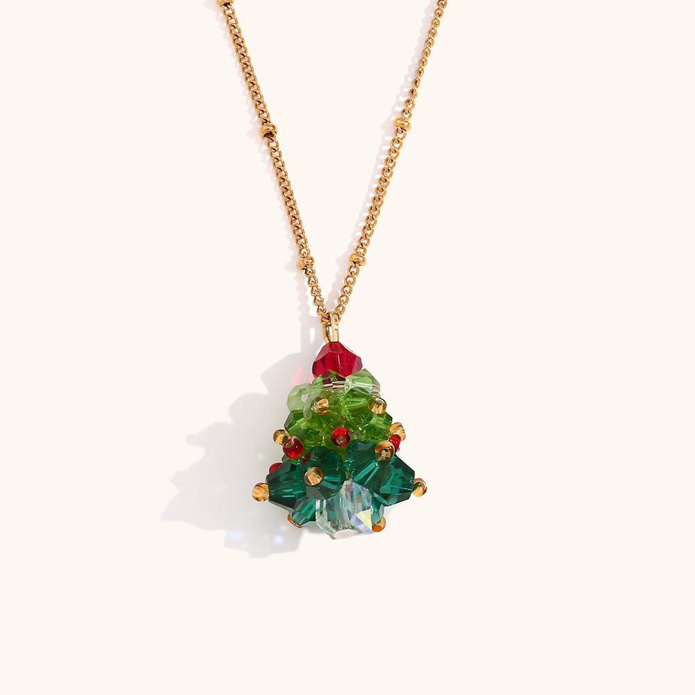 Handmade Crystal Christmas Tree Earrings & 18K Gold-Plated Necklace: Festive Jewelry for Women