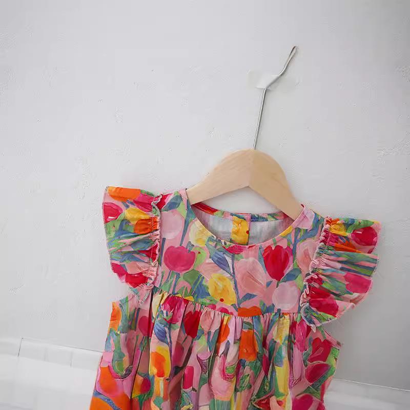 Tulip Sweet Round Neck Girls' Summer Dress with Small Flutter Sleeves, Cotton Princess Style - Stylish Children's Clothing for 2026.