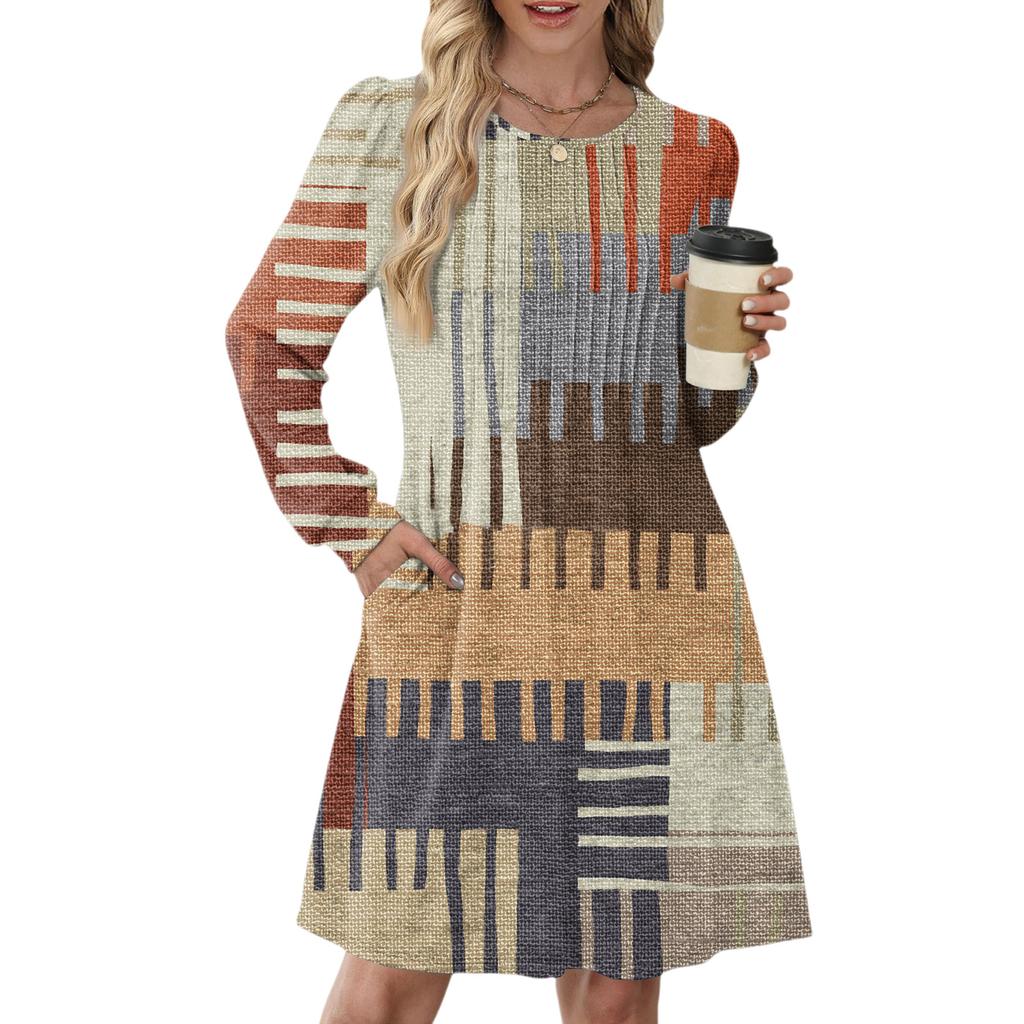 Women's Long Sleeve Pleated Round Neck Plaid Stripe Print Casual Dress With Pockets
