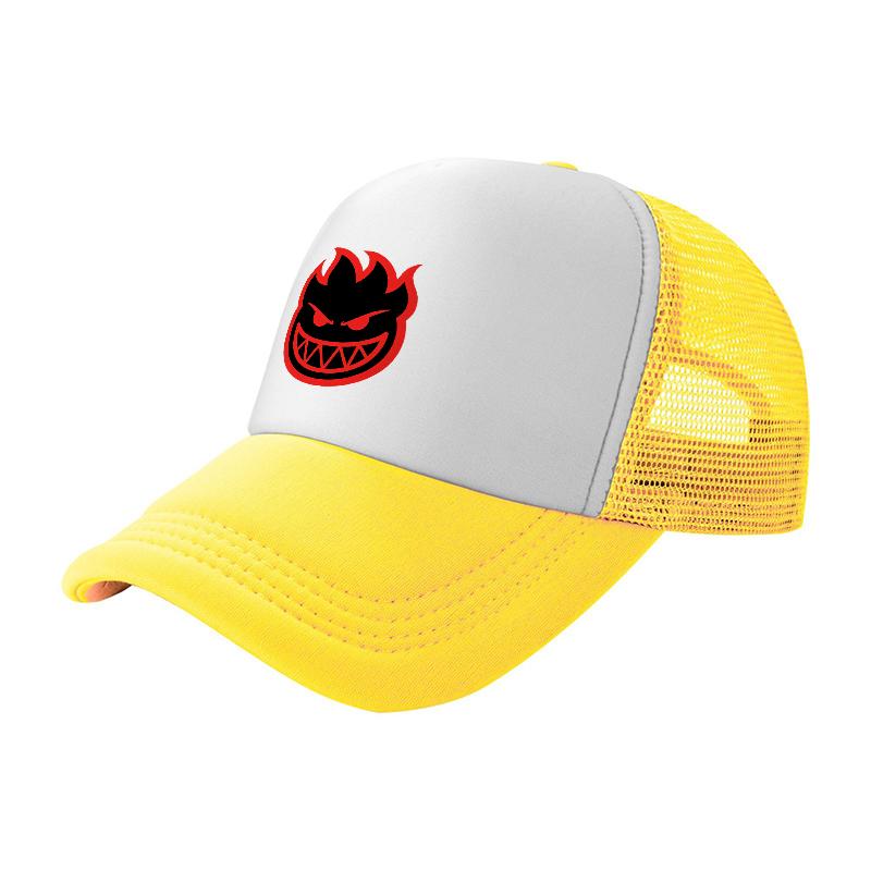 Flame Demon Logo Mesh Baseball Cap Breathable Trucker Hat White Black Design Sporty Style Outdoor Wear Adjustable Fit