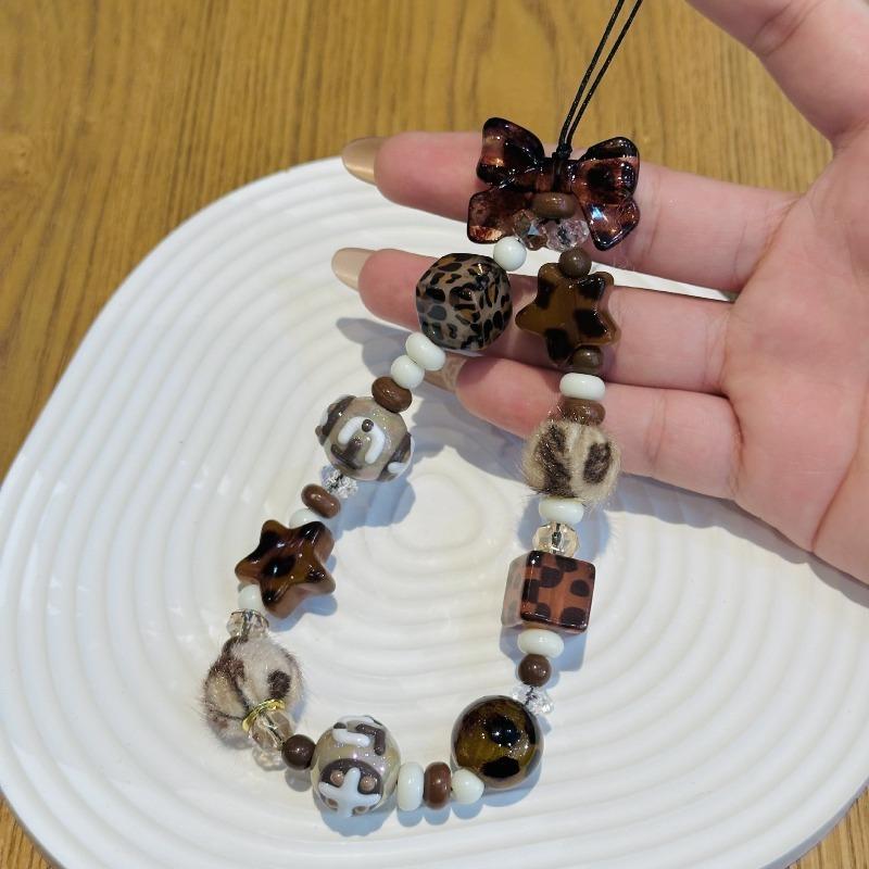 Leopard Print Star Beaded Phone Charm Handmade Retro Brown Bow Bracelet Strap Aesthetic Wild Phone Chain For Women
