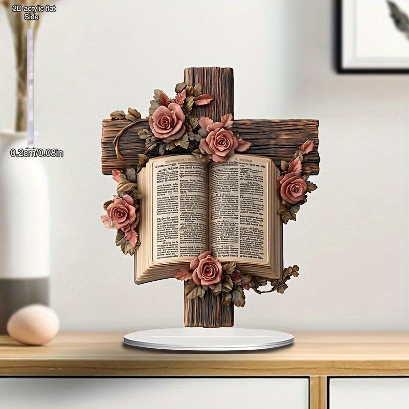 

2D Flat, Cross Rose Bookshelf Acrylic Desktop Decoration, with Base, Suitable for wall decoration, porch, room, villa, accents Home, Hallway, or Workp 20*17CM