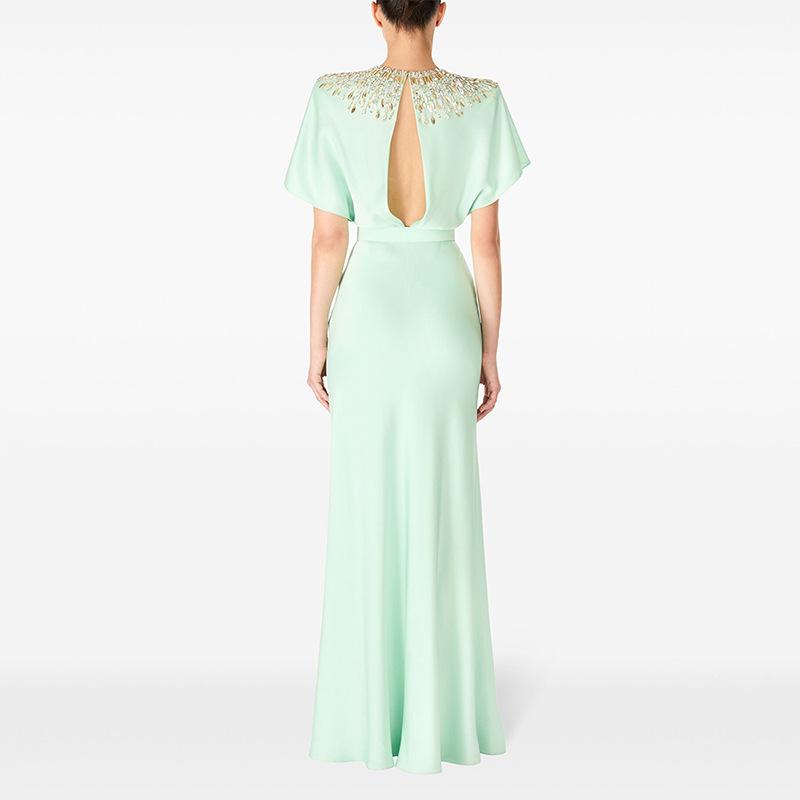 European & American Light Luxury Evening Gown 2026: Backless Shiny Satin Dress with Heavy Beading & Rhinestones