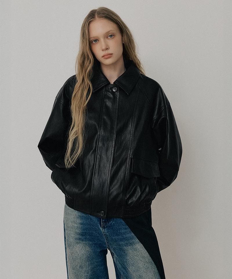 LEFTSEOUL Synthetic Leather Pocket Jacket [Black]