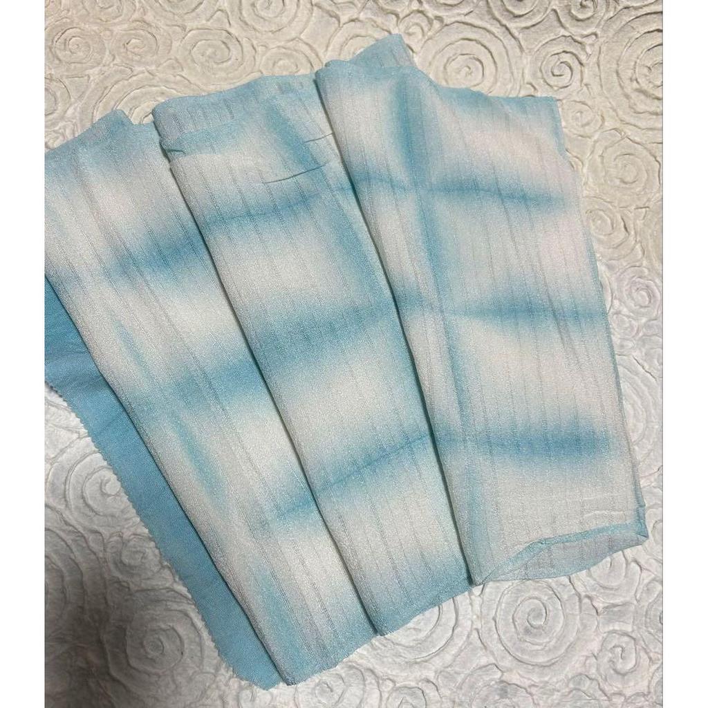 Used Pure silk obi sash, silk crepe, light blue, blurred plaid pattern, beautiful kimono, Kato Man, Mifuji, new