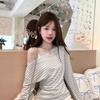 Gentle and sweet wind lace splicing slanted shoulder long-sleeved T-shirt women's spring Korean age-reducing chic striped off-shoulder top