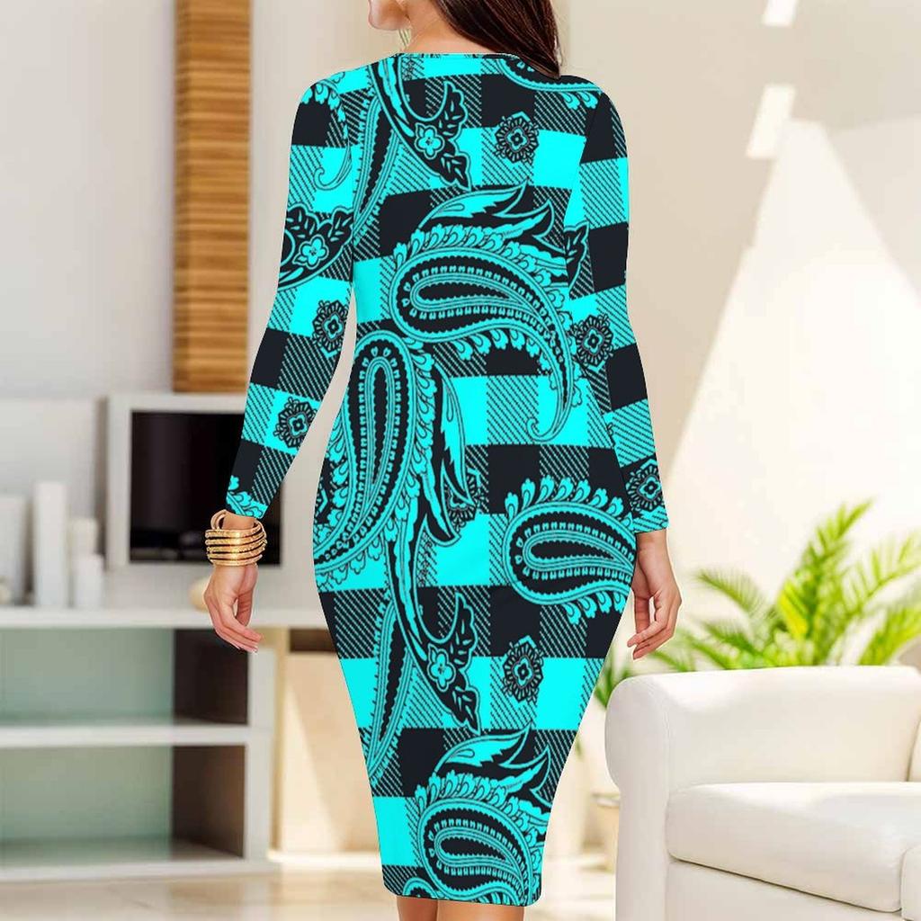Women Plus Size Round Neck Long Sleeve Midi Bodycon Dress Ethnic Geometric Paisley Floral Print Casual Party Dress