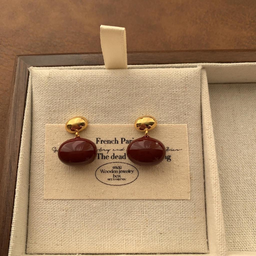 Simple Burgundy Enamel Stud Earrings Cute High Sense Versatile Sweet Romantic Niche Earrings Autumn And Winter