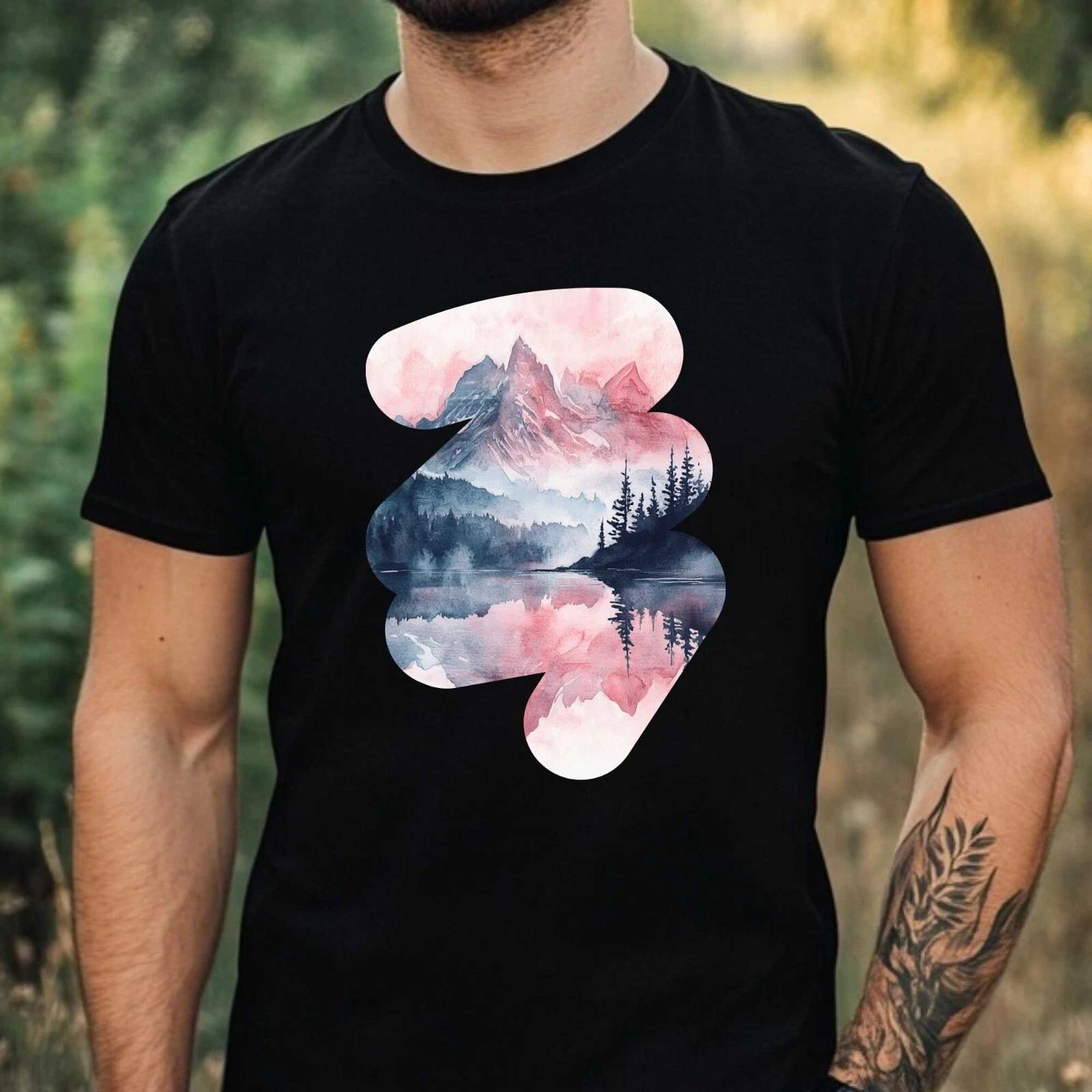 T-Shirt Herren Aquarell Berglandschaft Motiv Baumwolle Größe XS bis 5XL XXXXL