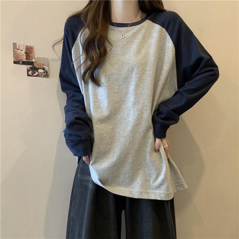 Spring and Autumn Ladies T-Shirt Color Collision Shoulder Sleeve Cotton T-Shirt Pajamas Girls Loose Women's Bottoming Shirt
