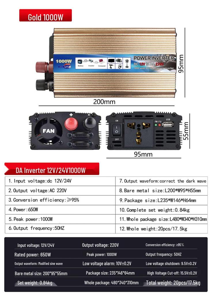 Smart Car Power Inverter 12V/24V to 220V, 500W/1000W/2000W, with USB Port