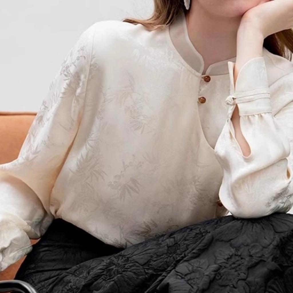 Women's 2024 Spring Jacquard Stand Collar Buttoned Shirt