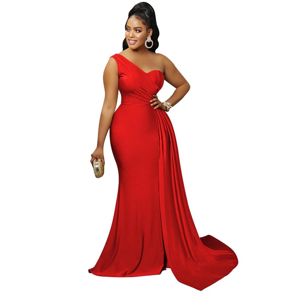 New Fashion Solid Color Sexy Tight One-shoulder Sleeve Long Dress for Party - Women's Private Wear Aristocratic Style Evening Gown