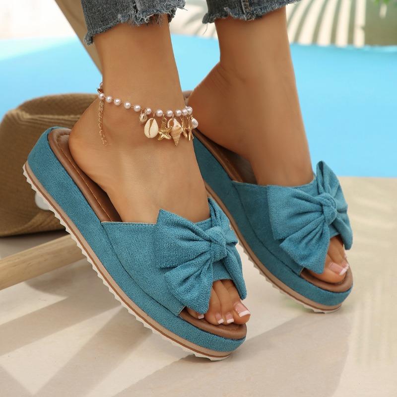 Women's Summer Wedge Thick-Soled Peep-Toe Bow Slide Sandals, Beach Casual Footwear, Available In Large Sizes.