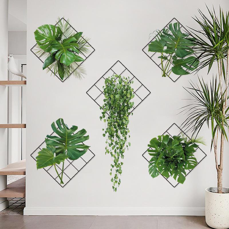 Sticker Mural Autocollant Imperméable Amovible avec Fleurs Simulées et Plantes Vertes pour Décoration Intérieure de Salon et Chambre