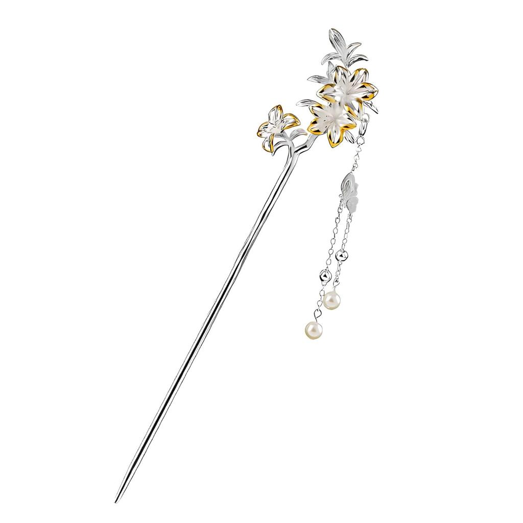 Miaomyao Japanese Hair Hair Accessory [Miaomyao] Hairpin, Style, Tomesode, Kimono, Ornament, Metal, Antique, Flower, Azalea, Thatch, Pearl, Silver,