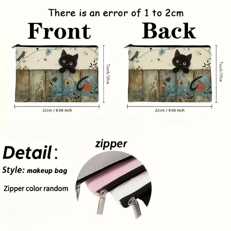 1pc Stylish Cat Floral Cosmetic Bag with Zipper Closure - Lightweight Foldable Travel Makeup Organizer for Women makeup pouch