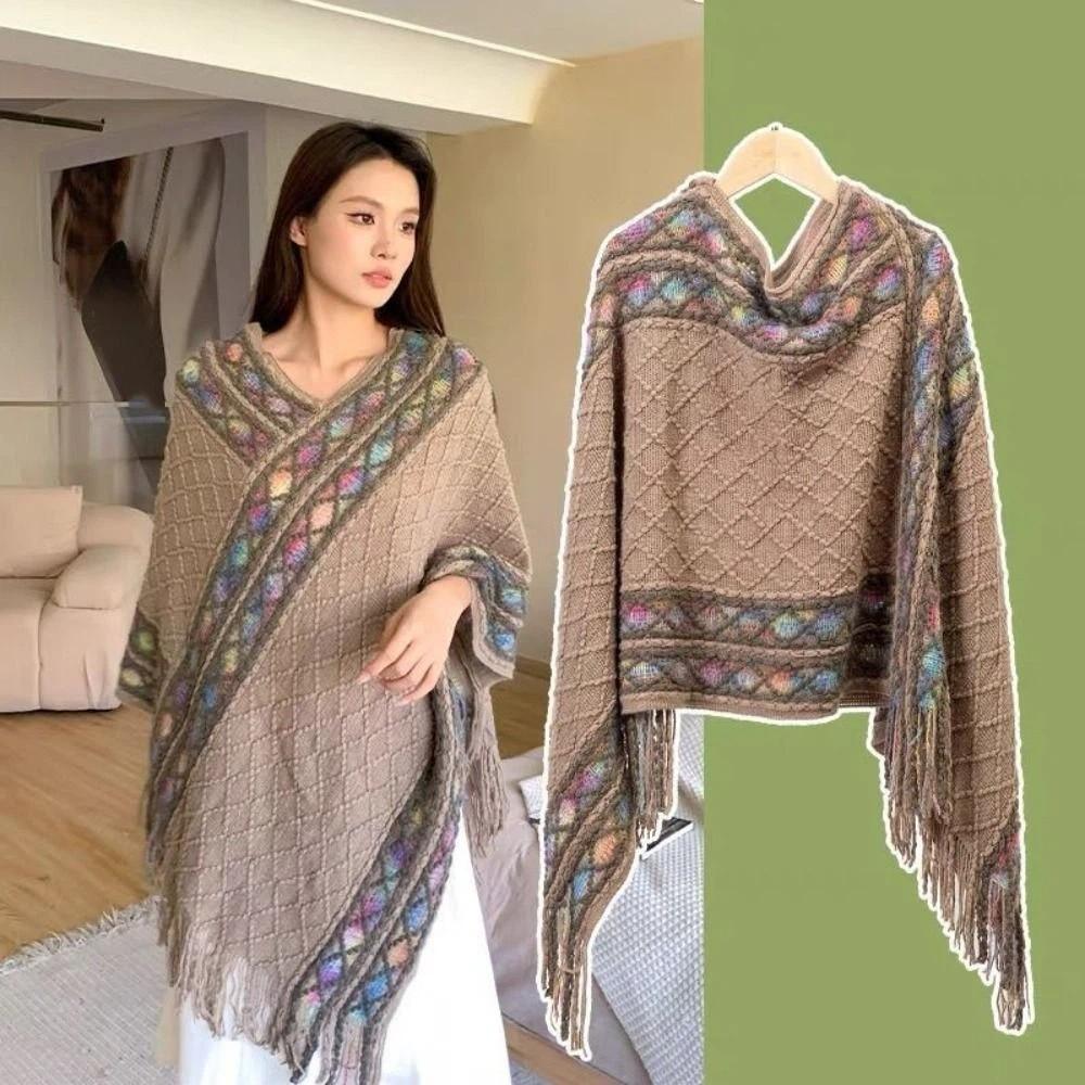 Printing Knitted Cape Stripe Tassel Scarves Retro Imitation Cashmere Shawl  Travel Vacation