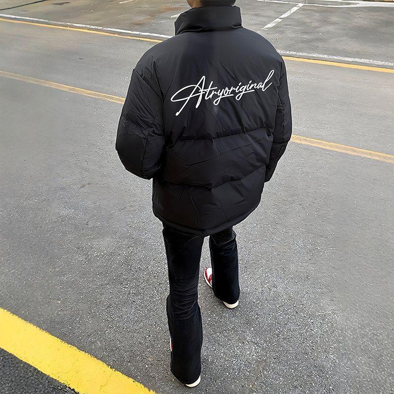 Unisex American Letter Print Winter Cotton Jacket - Black Stand Collar Casual Puffer. 2XL чёрный