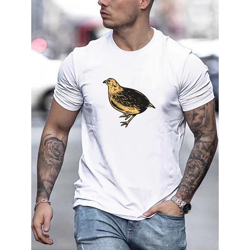 Quail Graphic Print, Men's Casual Crew Neck Short Sleeve Cotton T-shirt, Comfy Fit Outdoor Top For Summer