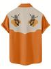 Printed Design – Not Textured Men's Orange and White Spliced Western Style Short-Sleeve Shirt, Cartoon Cowboy Skull Print Lapel Top, Spring/Summer
