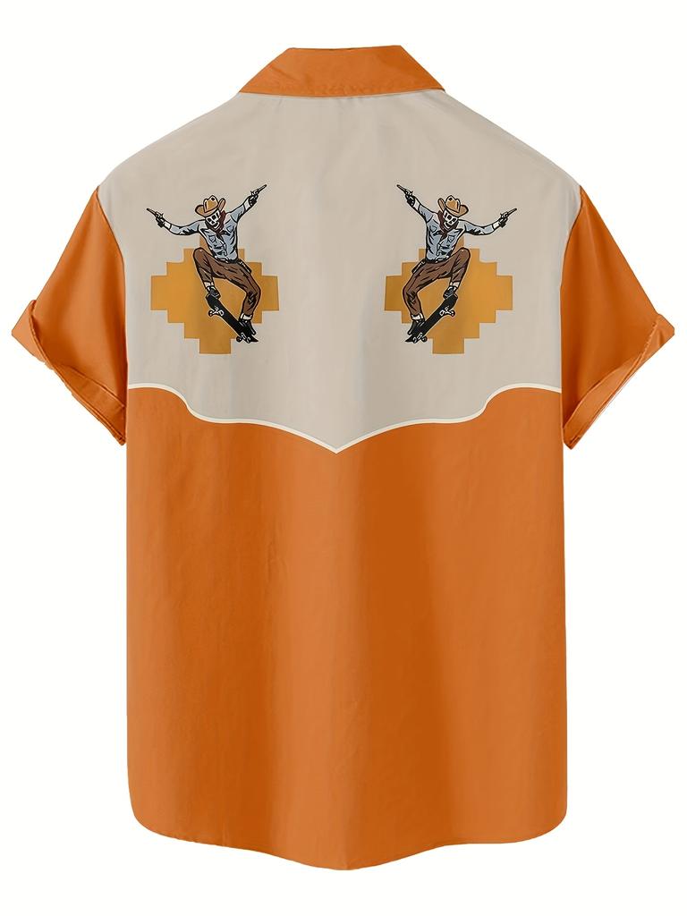 Printed Design – Not Textured Men's Orange and White Spliced Western Style Short-Sleeve Shirt, Cartoon Cowboy Skull Print Lapel Top, Spring/Summer