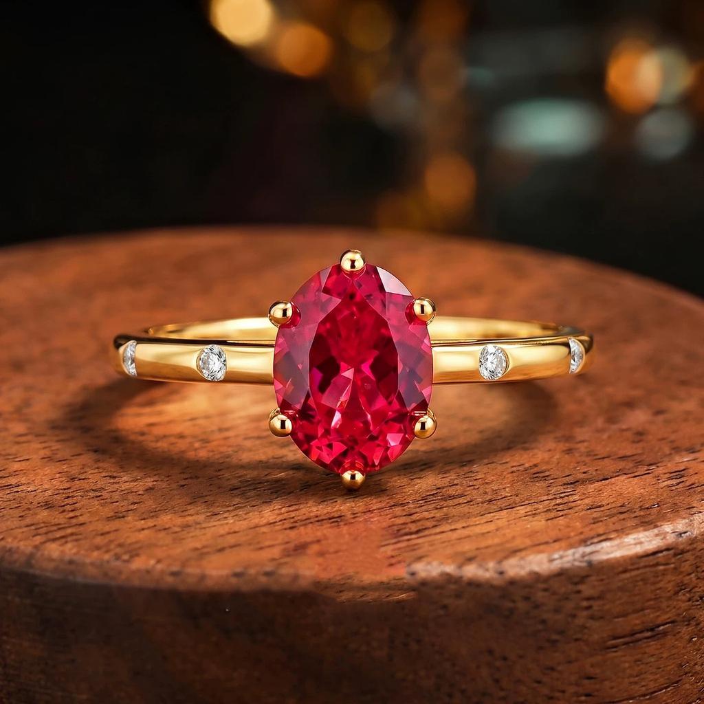 Classic Cultivation Oval Pigeon Blood Red Corundum Ring Female High Sense Temperament Light Luxury Versatile Commuter Golden Treasure Girl