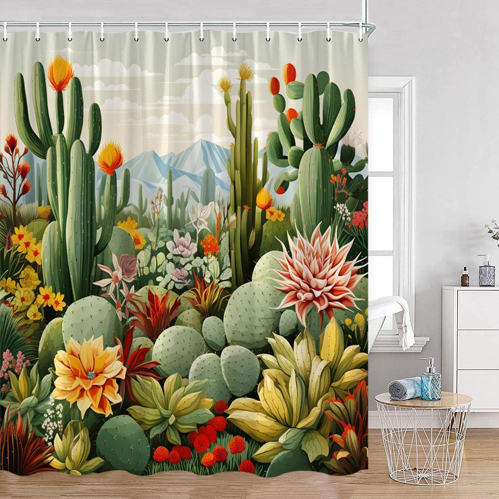 Plant Shower Curtain Cats Green Potted Plants Leaves Cat on the Toilet Modern Bathroom Decor Polyester Fabric Bathtub Curtain