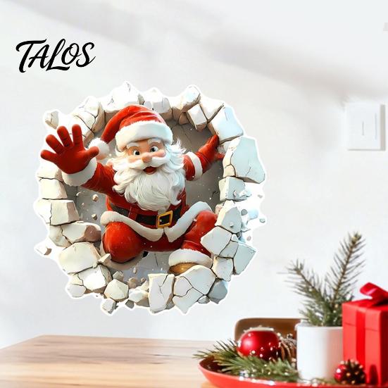 3D Visual Effect Wall Art Santa Sticker, Christmas Decal, Realistic Breaking Through The Decals for Home Decor Effect, Self-Adhesive Festive