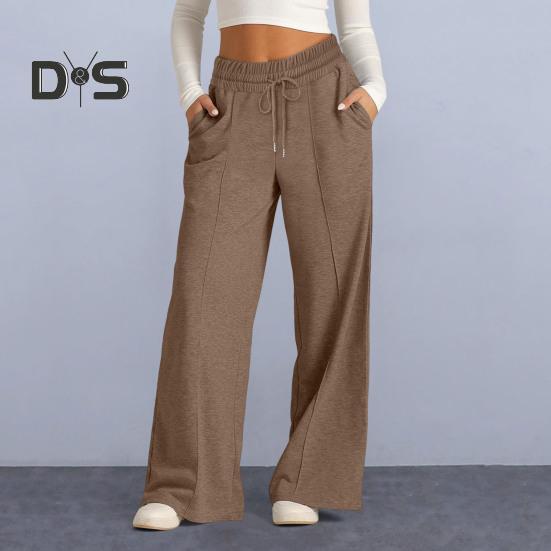 Women Sweatpants Elastic Mid-rise Adjustable Drawstring Straight Wide Leg Jogger Athletic Pants with Pockets Loose Fit Yoga Trousers