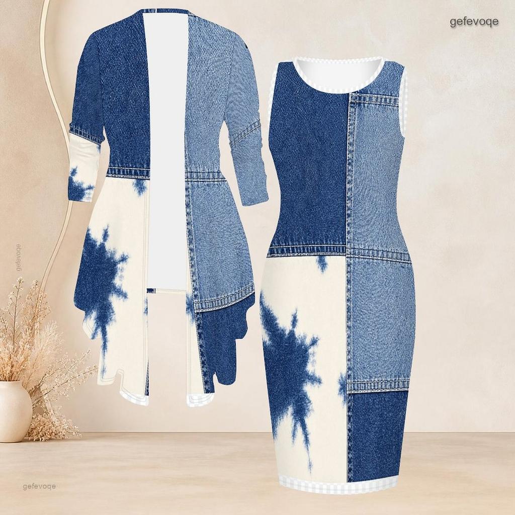 Women Plus Size Printed Two Piece Outfit Sleeveless Bodycon Dress Long Sleeve Draped Cardigan