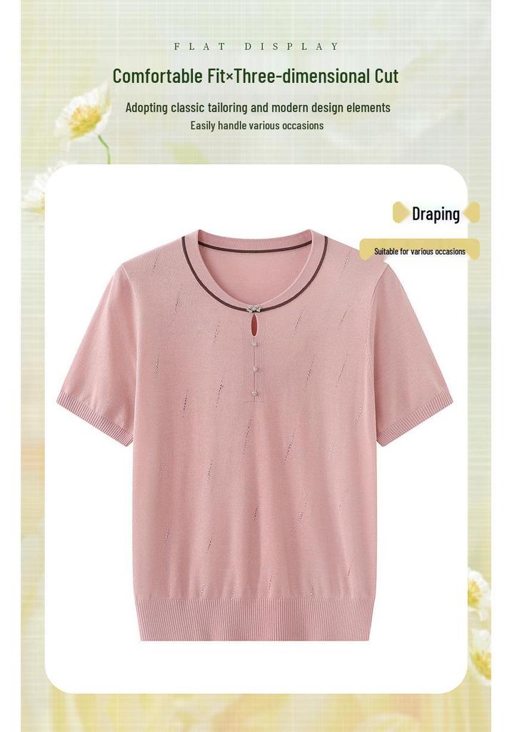 Sommer-Eis-Seide Rundhals-T-Shirt 2026 - Locker gestrickt für Frauen mittleren Alters & ältere Frauen