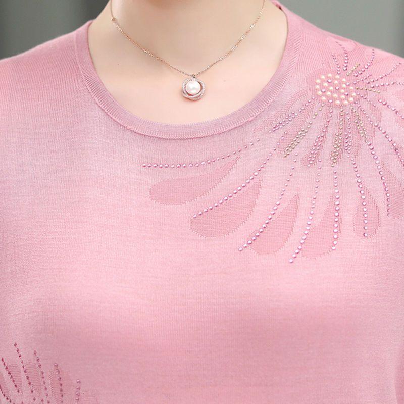 Simplicity Summer Women's Round Neck Solid Diamonds Ice Silk Hollow Out Korean Fashion Loose Short Sleeve Knitting T-Shirts Tops