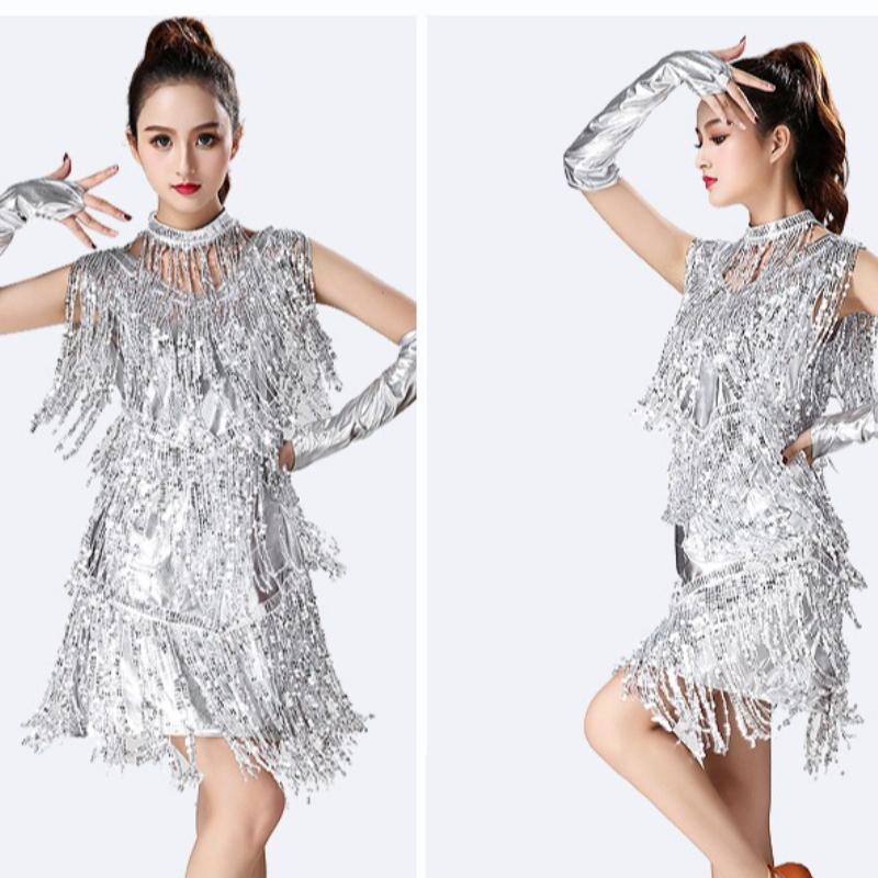 Latin Dance Skirt Sequined Tassel Dance Skirt Stage Performance Costume Party Dance Dress Dance Costume Competition Performance Costume